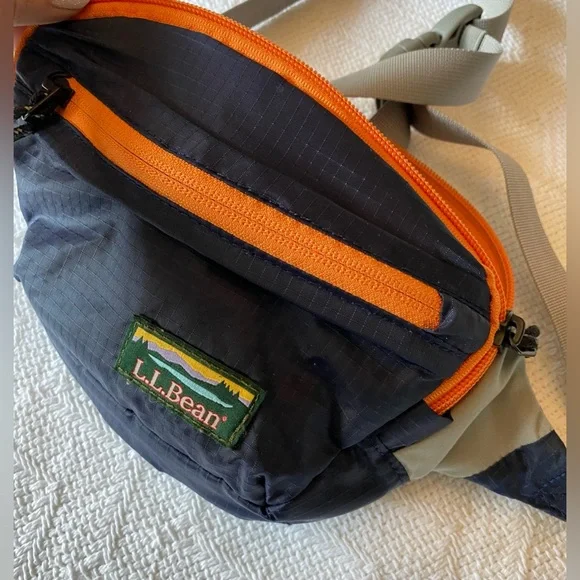 L.L. Bean Stowaway Hip Sling Pack Navy w/Orange 3 Zip Pockets - Picture 2 of 6